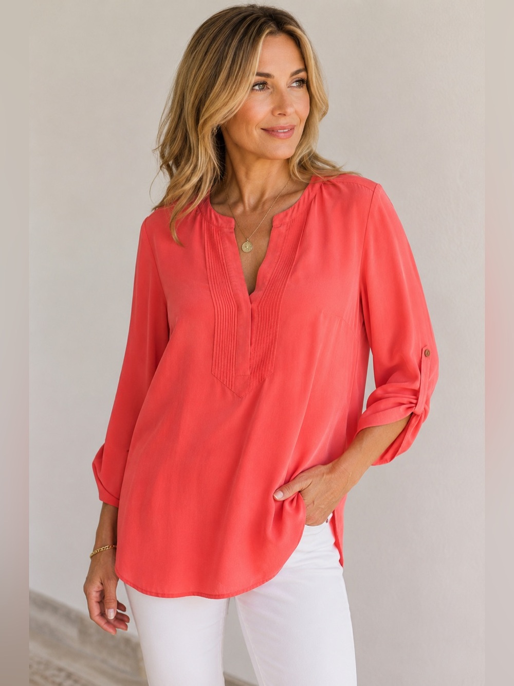 BCBGMAXAZRIA 100% Silk Coral Tunic Blouse Watermelon Pink Relaxed Fit M